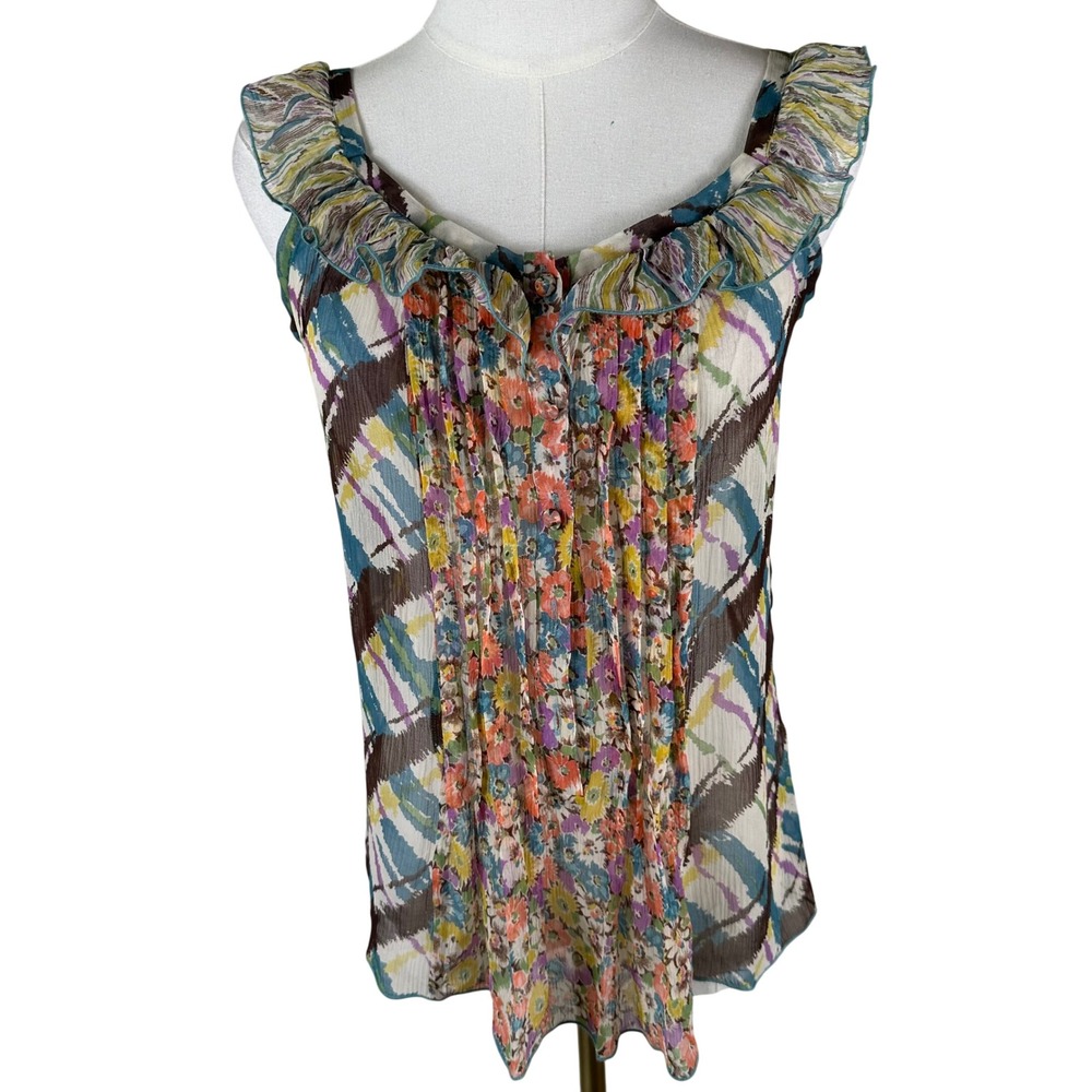Anna Sui VTG Silk Tank Top Womens 8 Multicolor Floral Plaid Ruffle Sheer Cami